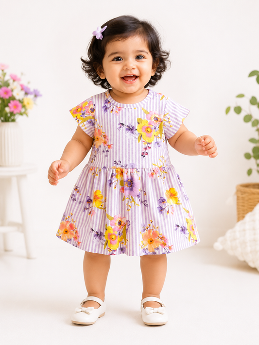 Half Sleeves  Frocks (Lavender Stripes &  Flower)