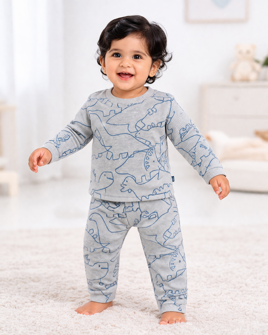 Premium Full sleeves Ribbed Tshirt with Pant (Blue Big Dinos)