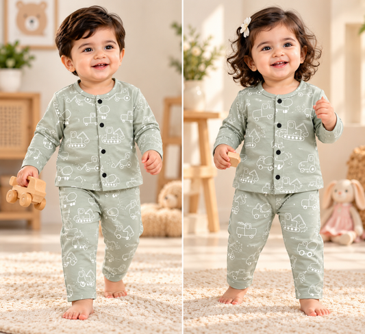 Kid's Front Open Lounge Wear Sets (Green Tractor) (F002)