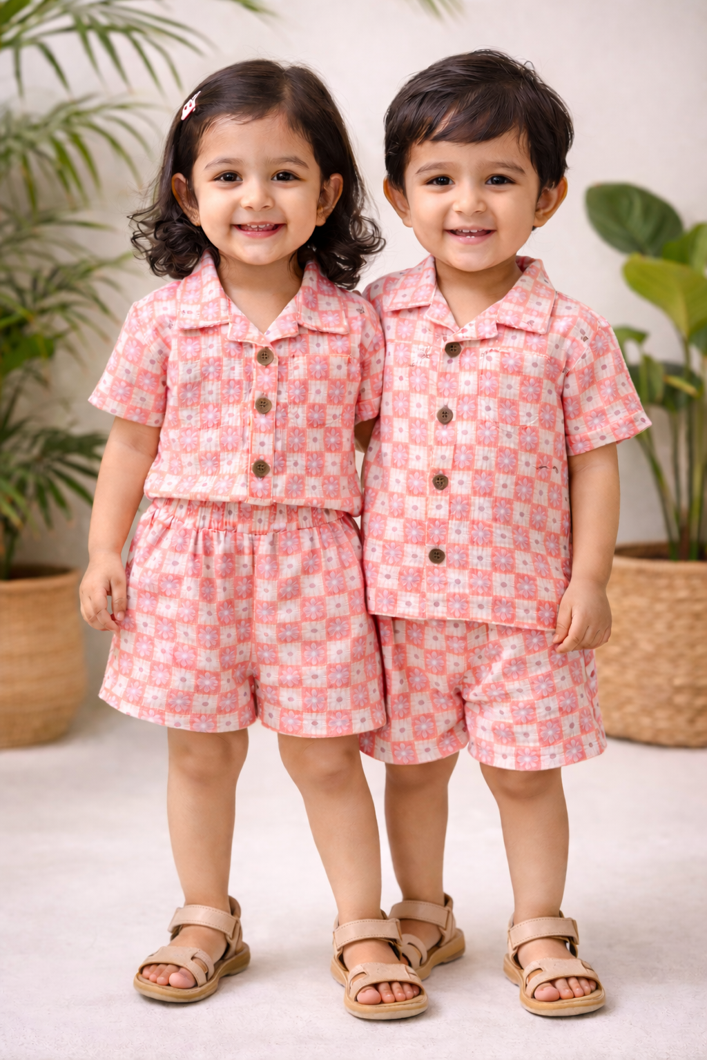 Airport - Crinkled Front open Tshirt with Shorts Sets (Pinky Peachy)