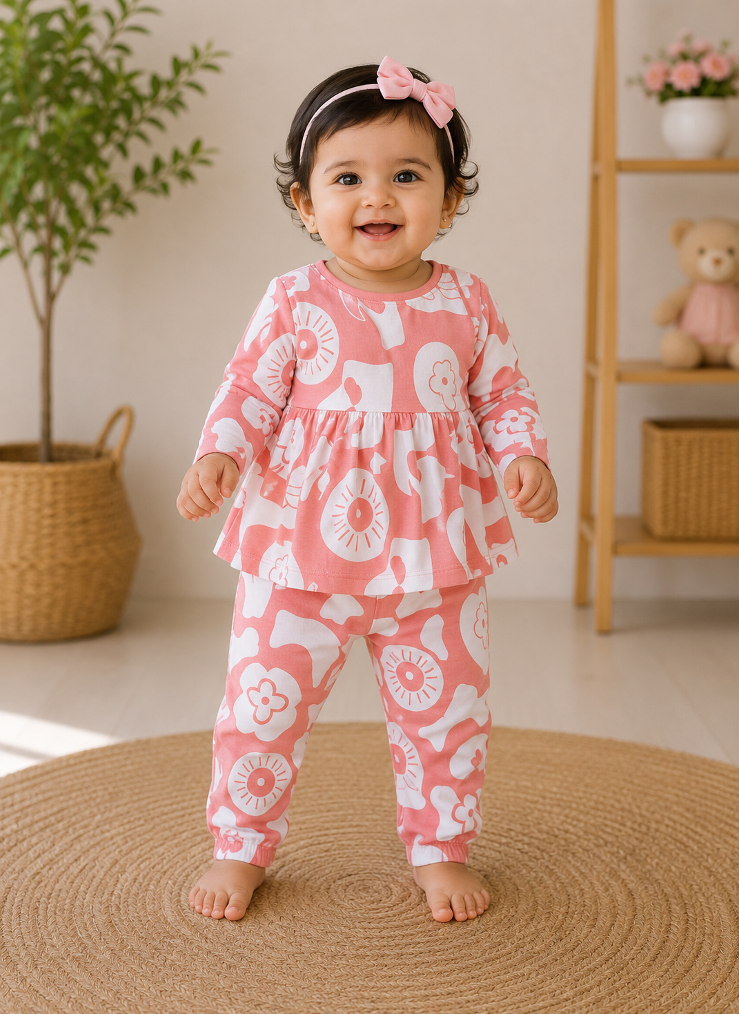 Full Sleeves Frocks Sets ( White Pink Flower)