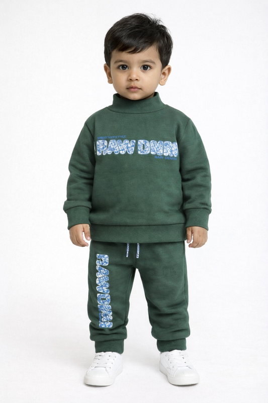 Premium Winter High Neck Pant Set For Kids(Green-Raw DNM)