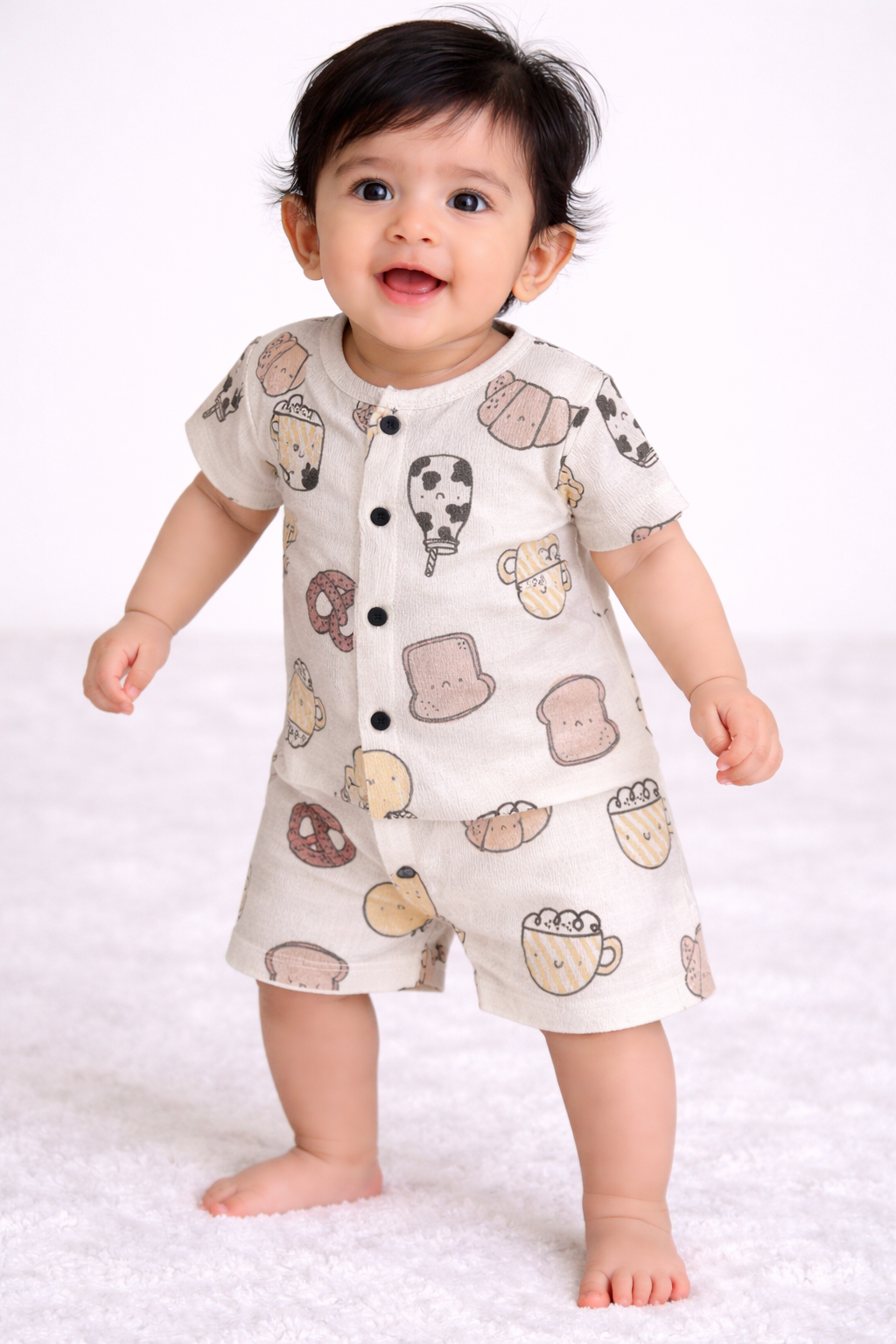 Crinkled  Front open Tshirt with Shorts Sets (Cream Cups)
