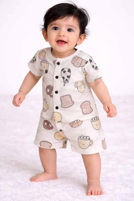 Crinkled  Front open Tshirt with Shorts Sets (Cream Cups)