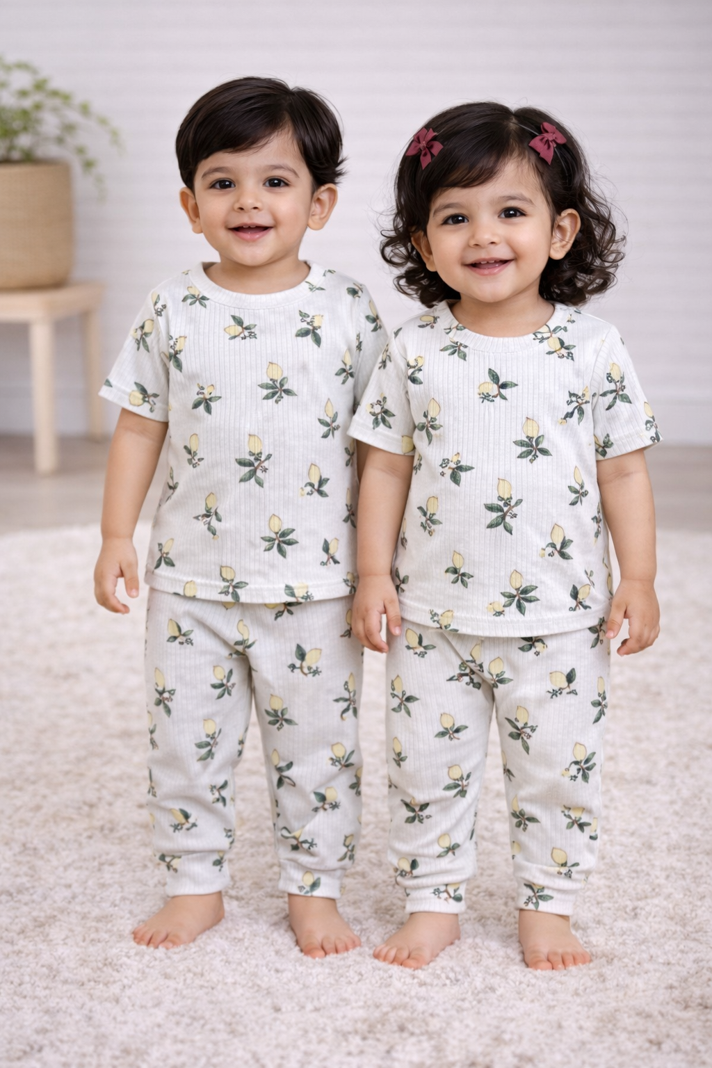 Premium Ribbed Half sleeves Tshirt with Pant (Lemons)