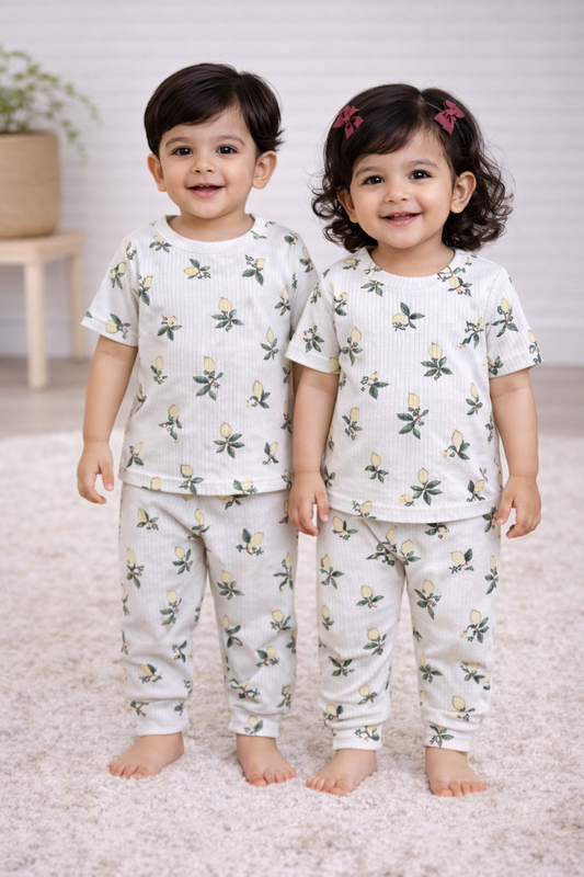 Premium Ribbed Half sleeves Tshirt with Pant (Lemons)