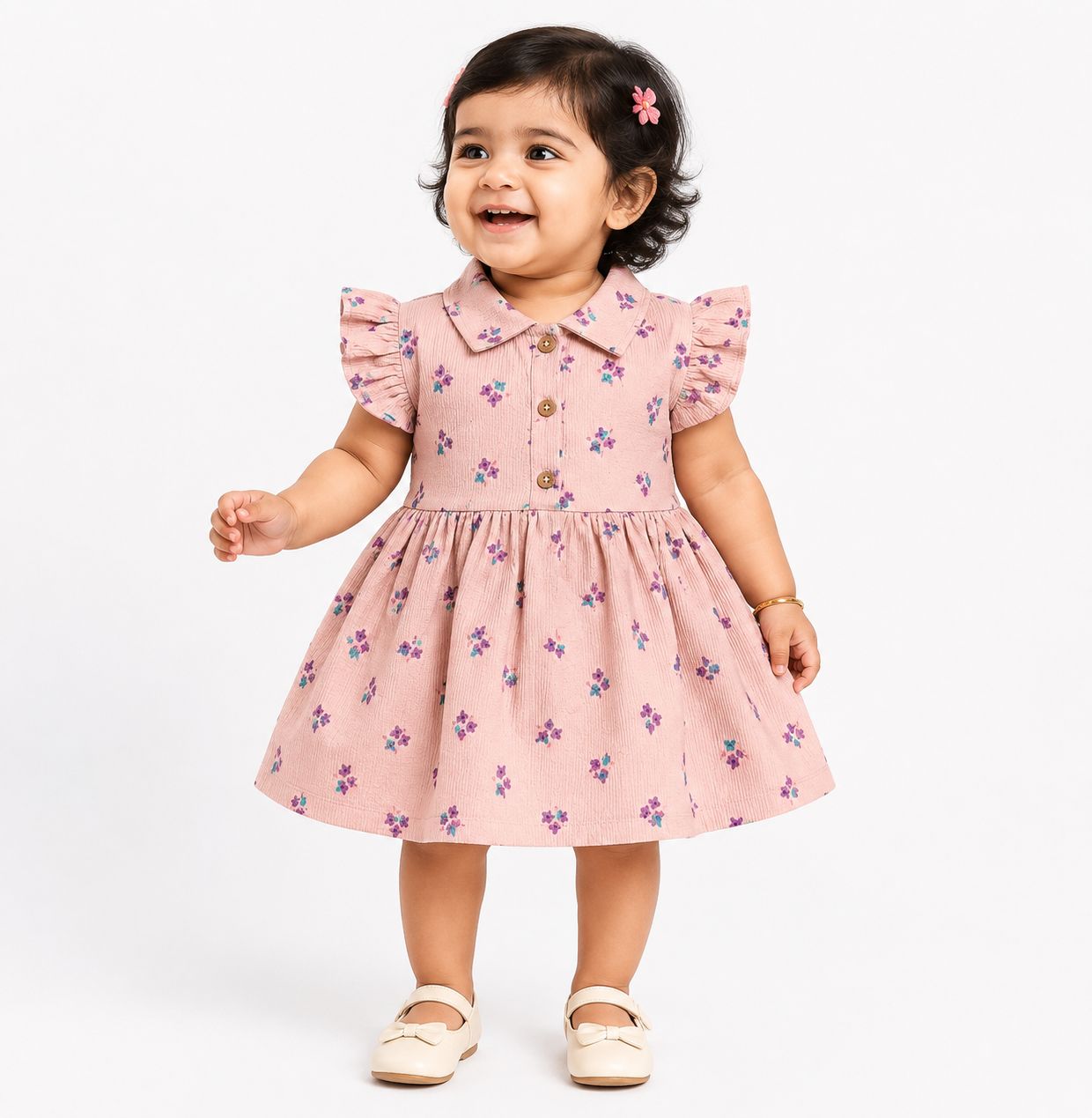 Collared Frill Frocks (Peach Purple Flowers)