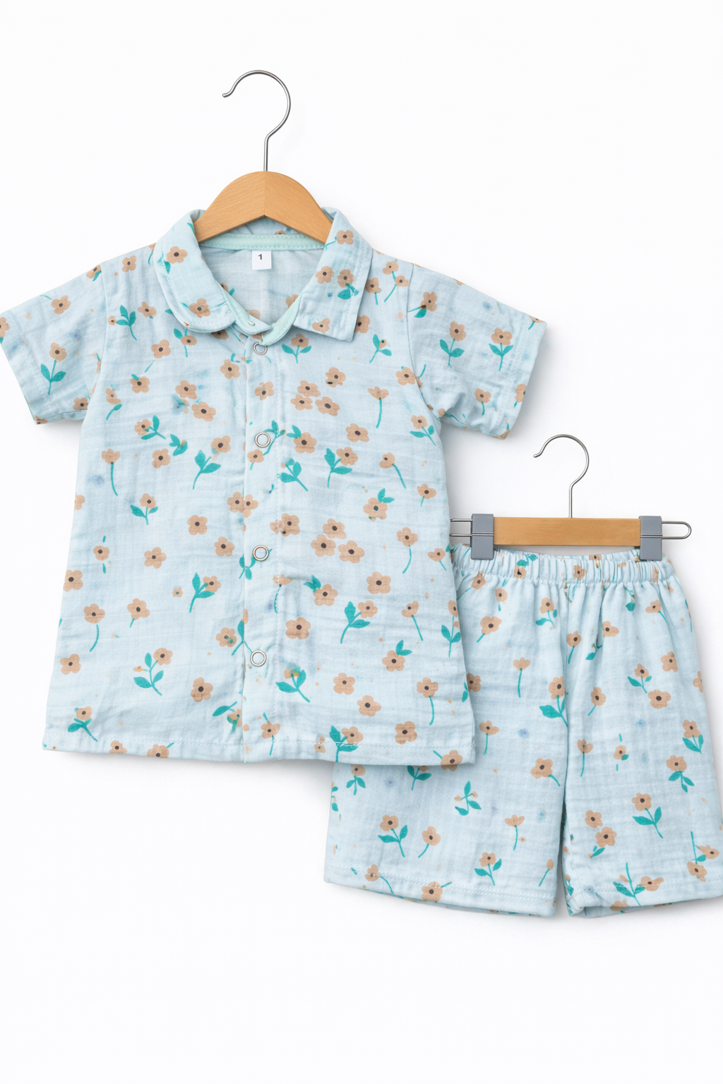 Airport - Kids Muslin Co-ord Set – Front Open Collar Shirt & Shorts (Brown Flowers)