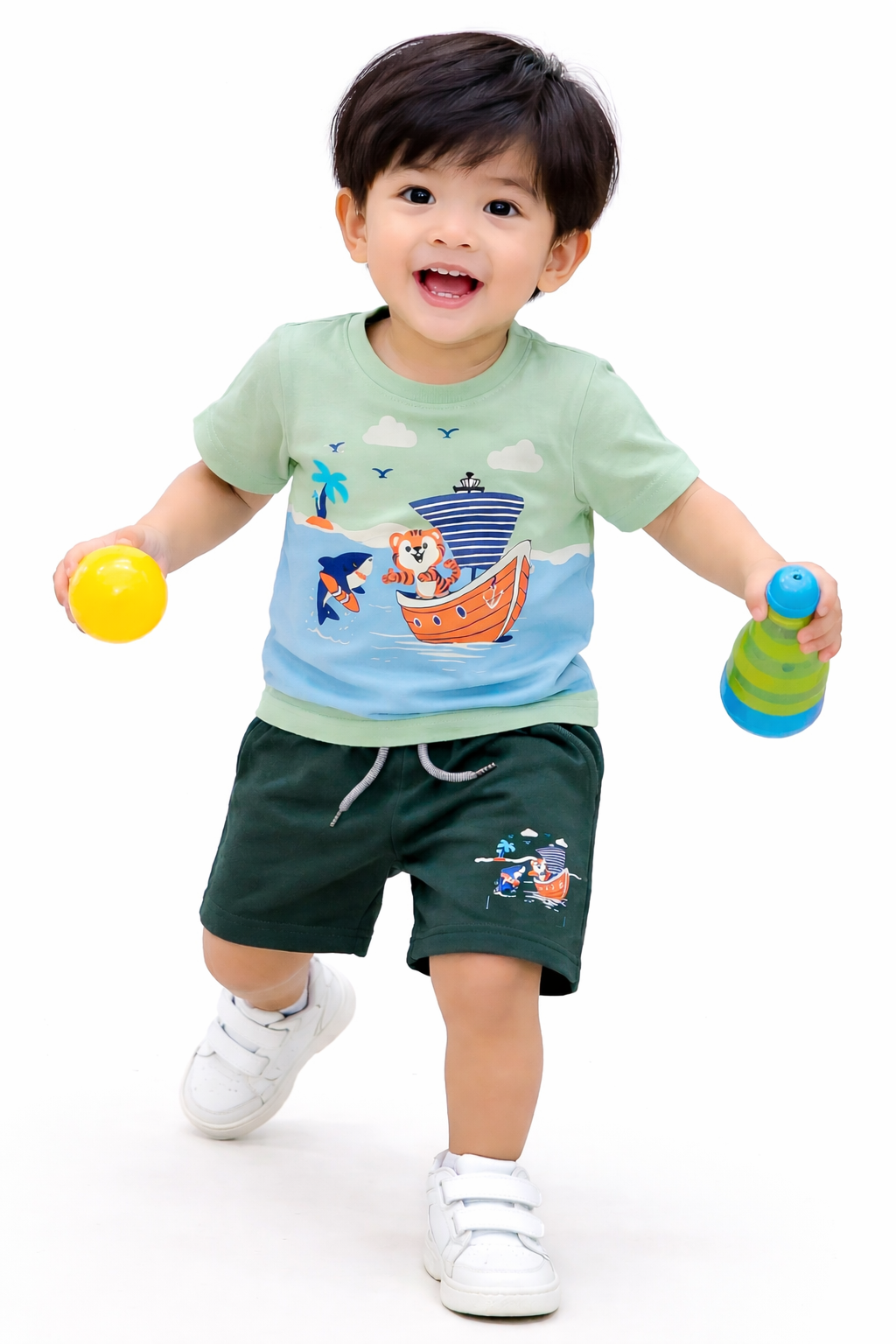 Airport - 🧸 Kids Cartoon Co-ord Set – Half Sleeves T-shirt + Shorts (Green Ship)