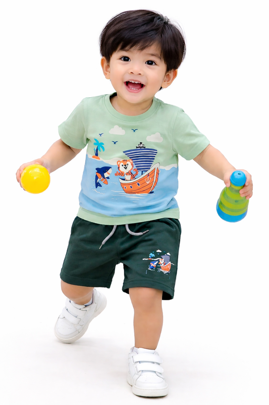 Airport - 🧸 Kids Cartoon Co-ord Set – Half Sleeves T-shirt + Shorts (Green Ship)