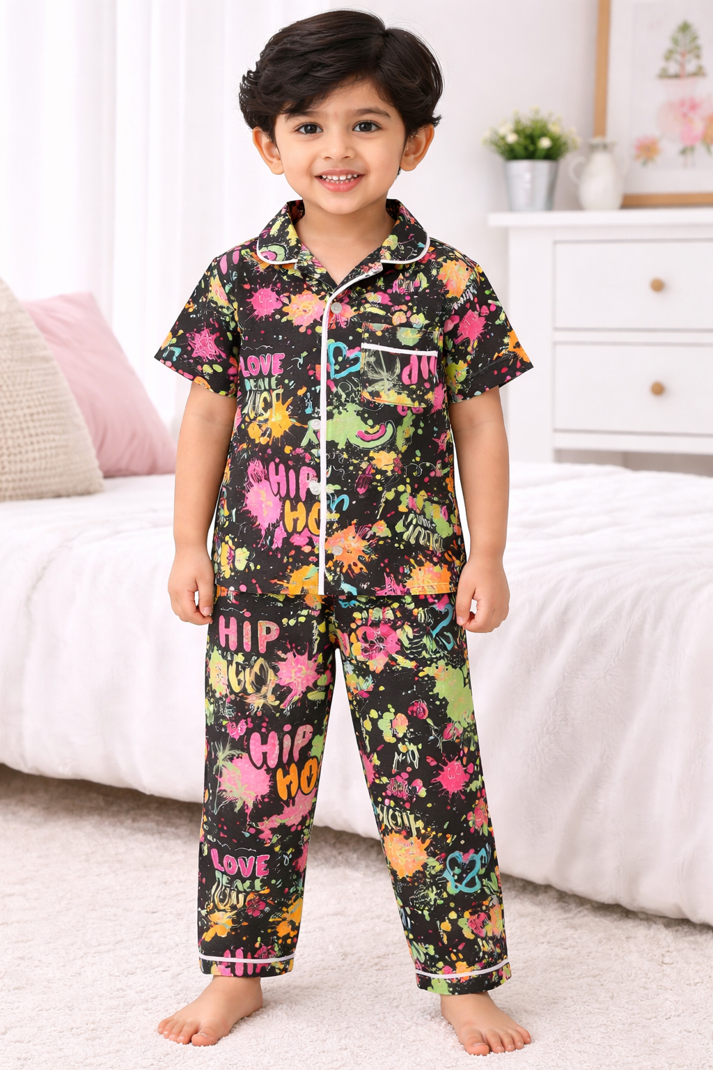Kid's Collar night Suits (Black Pink  orange)