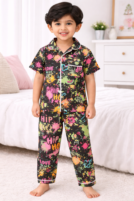 Kid's Collar night Suits (Black Pink  orange)