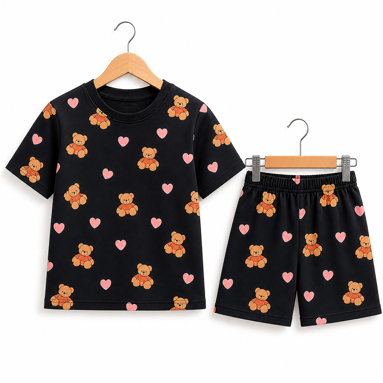 (DS017) - Drop-Shoulder Tshirt & Shorts sets (Black Teddy and Heart)