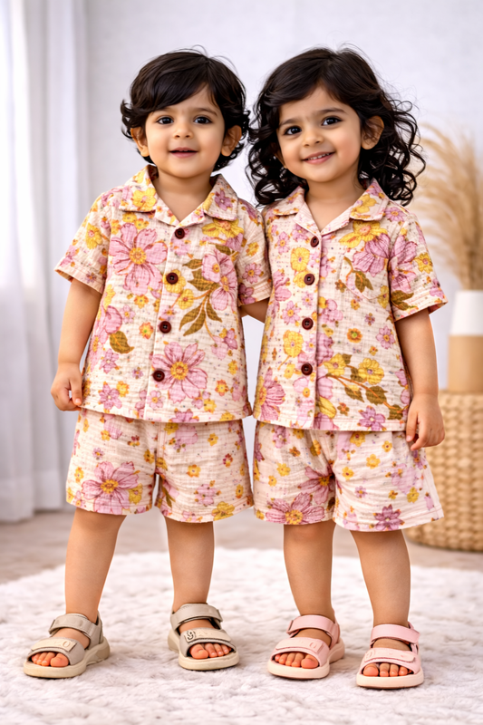 Airport - Crinkled Front open Tshirt with Shorts Sets (Purple Yellow Flower)