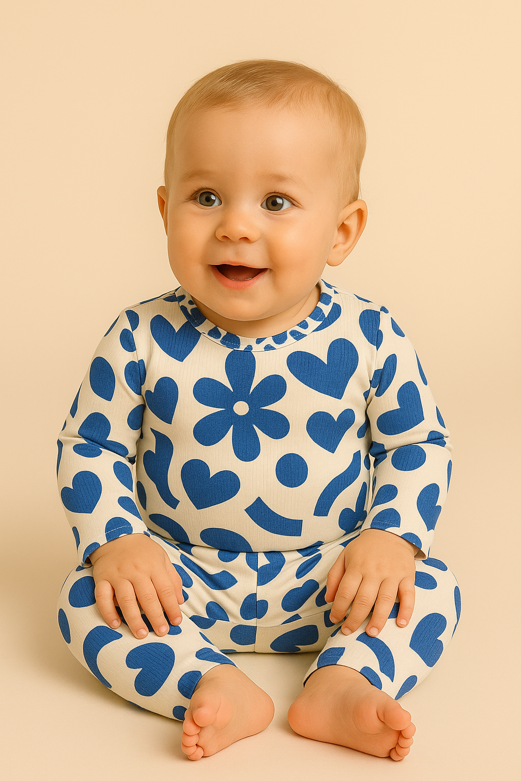 Premium Full sleeves Ribbed Tshirt with Pant (Big Blue Flowers)