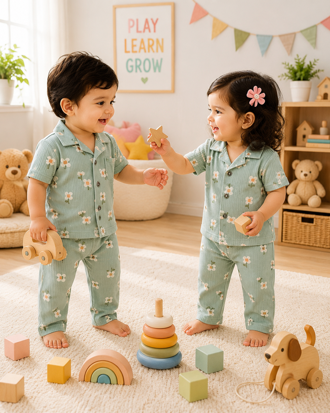 Premium Ribbed Collar Sets (Pista Green Flowers)
