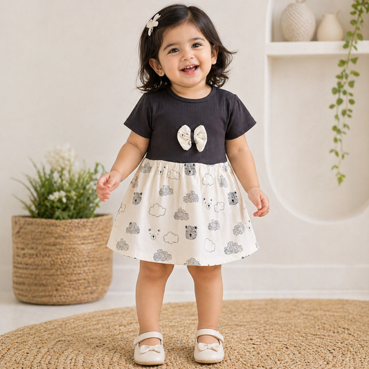 Cotton Half Sleeves Frocks With Bow (Grey Panda face)