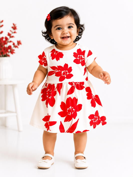 Half Sleeves  Frocks (Cream Red Big Flower)
