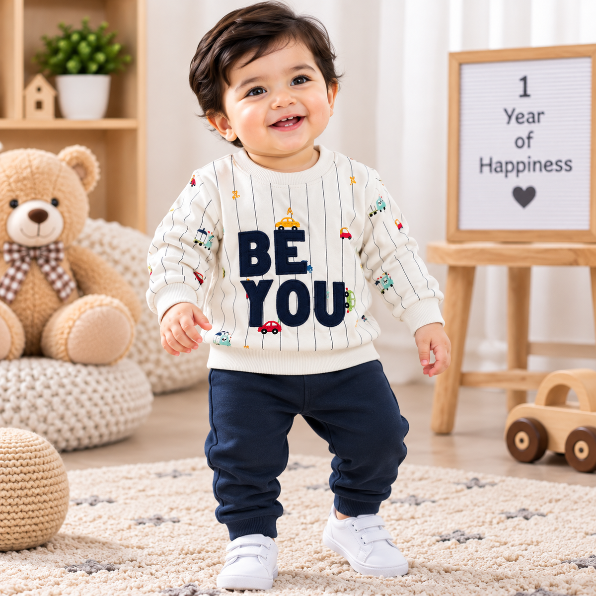 Premium Fleece Winter T-Shirt With Cuffed Pant (White - Be You)