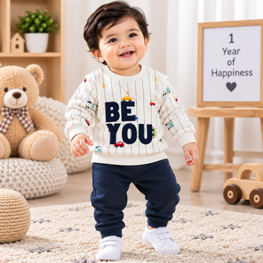 Premium Fleece Winter T-Shirt With Cuffed Pant (White - Be You)