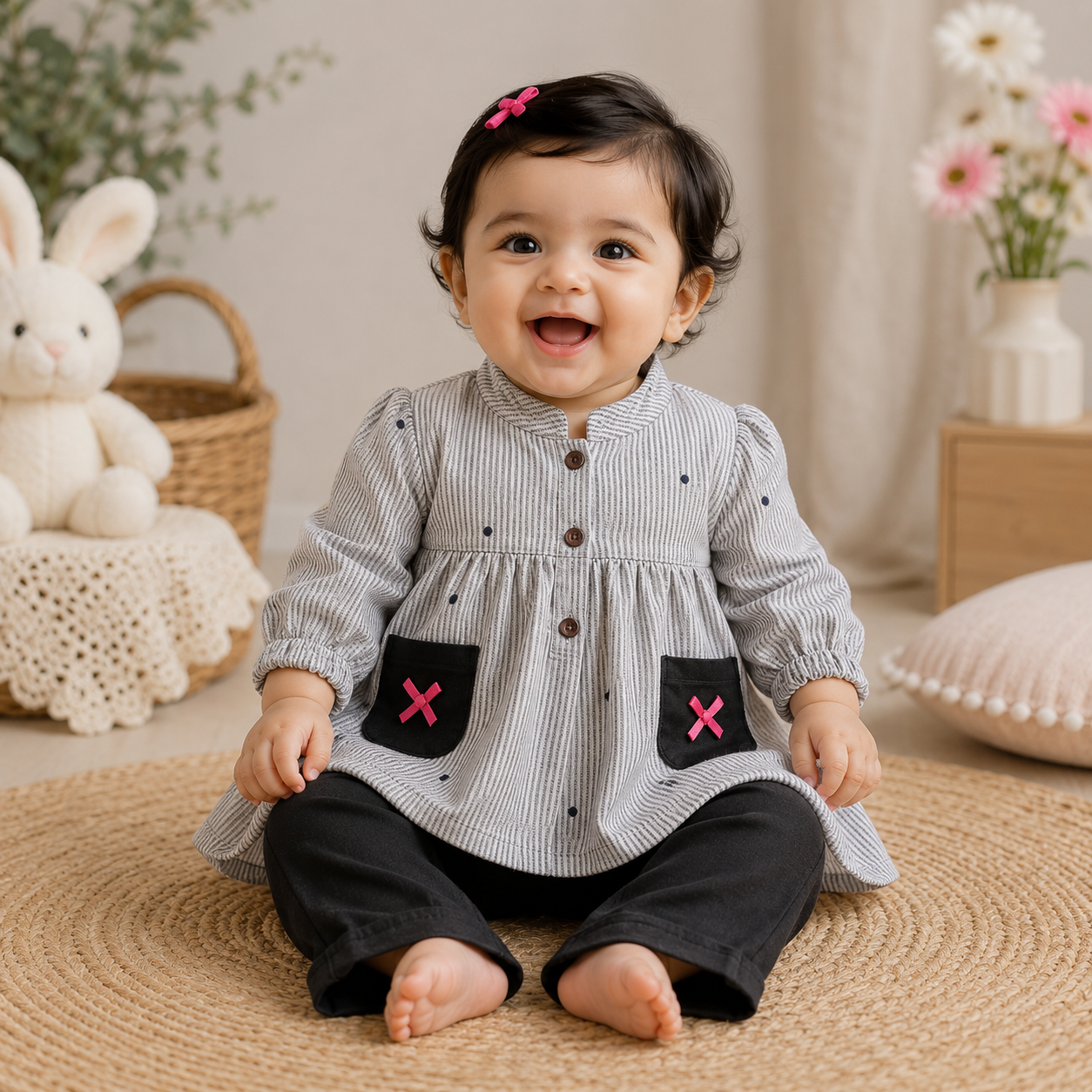 Airport - Kids Muslin  Balloon Sleeves Frock With Pant ( Grey Stripes& Heart)