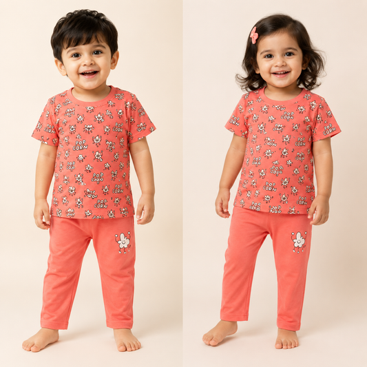 Premium Cotton  Half  sleeves Tshirt with Pant (Peach Popcorn)