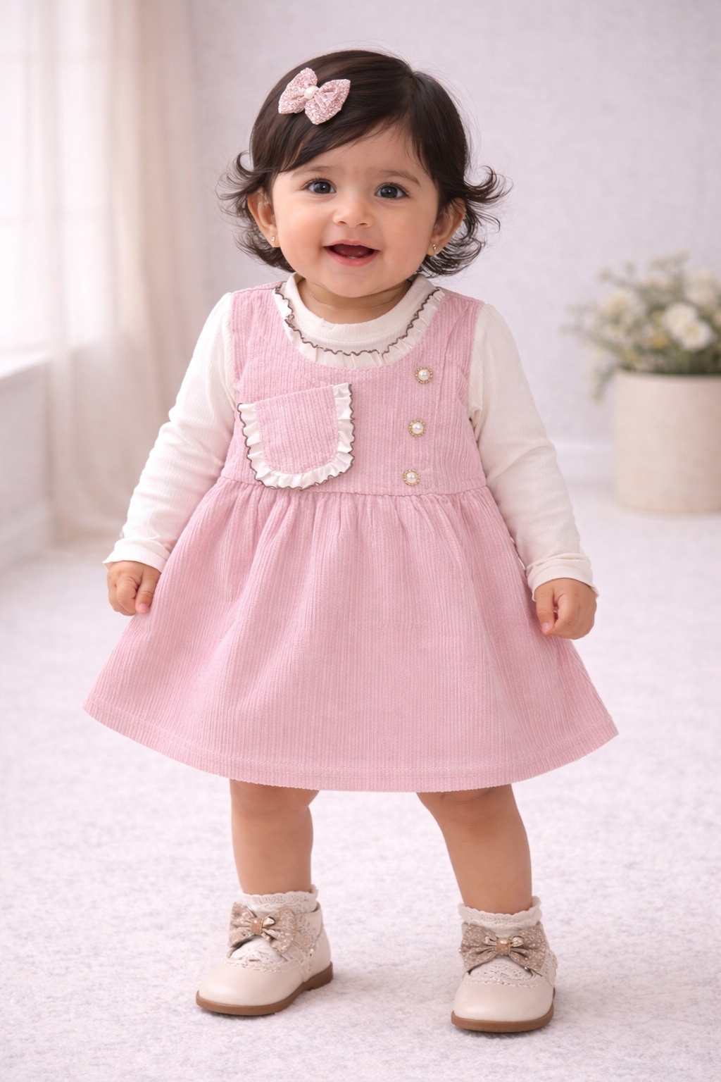 (KF012) - Premium Korean Style Baby Frock (Light Pink Cream)
