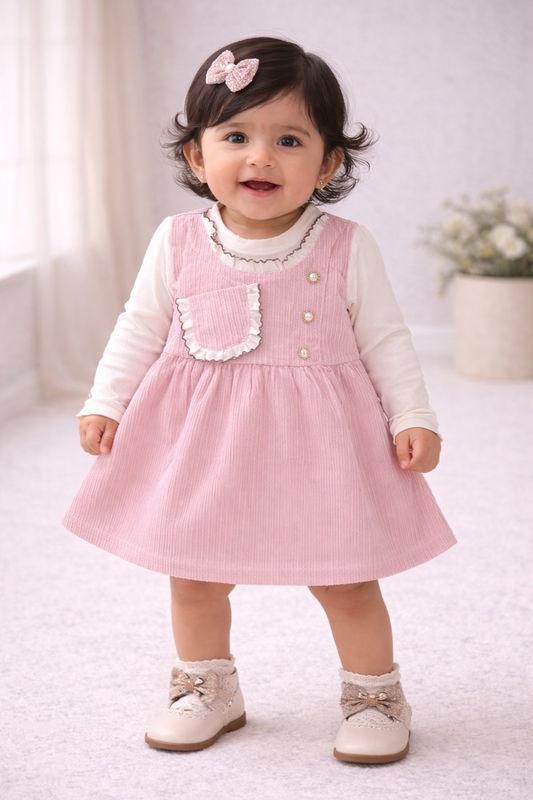 (KF012) - Premium Korean Style Baby Frock (Light Pink Cream)