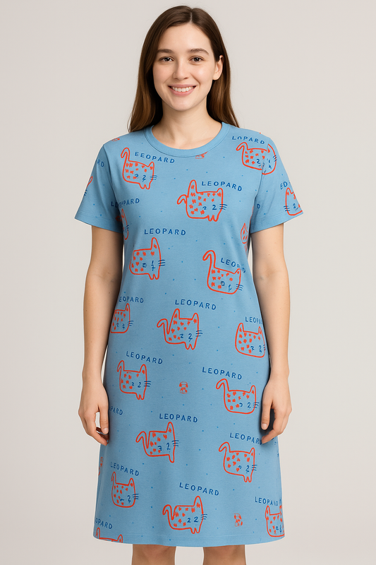 Women's Long POLO A-Line Top (Blue Leopard)