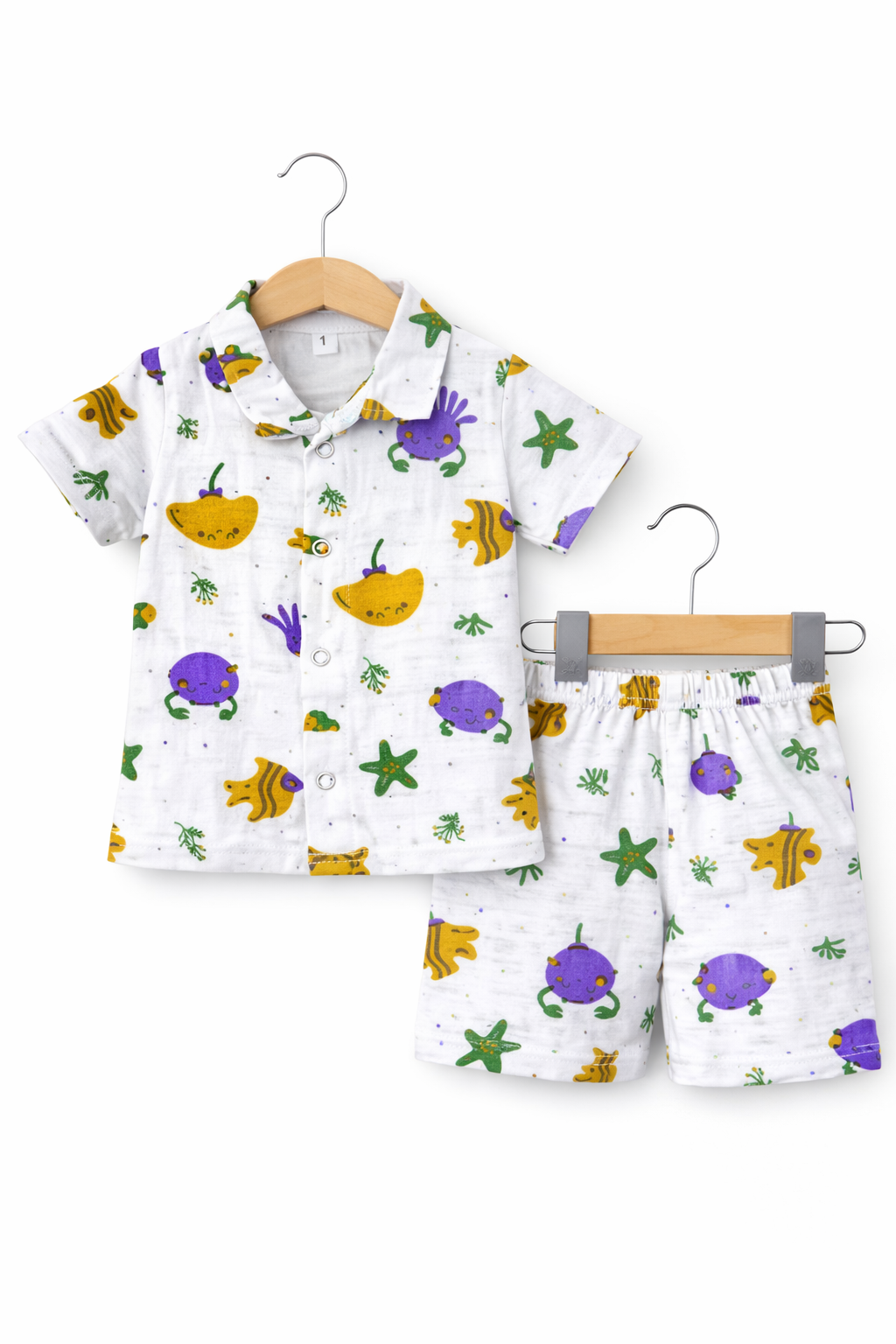 Airport - Kids Muslin Co-ord Set – Front Open Collar Shirt & Shorts (Purple Crab)