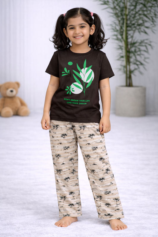 Premium Cotton Contrast Half Sleeves Pajama Set (Brown Flower- Trees)