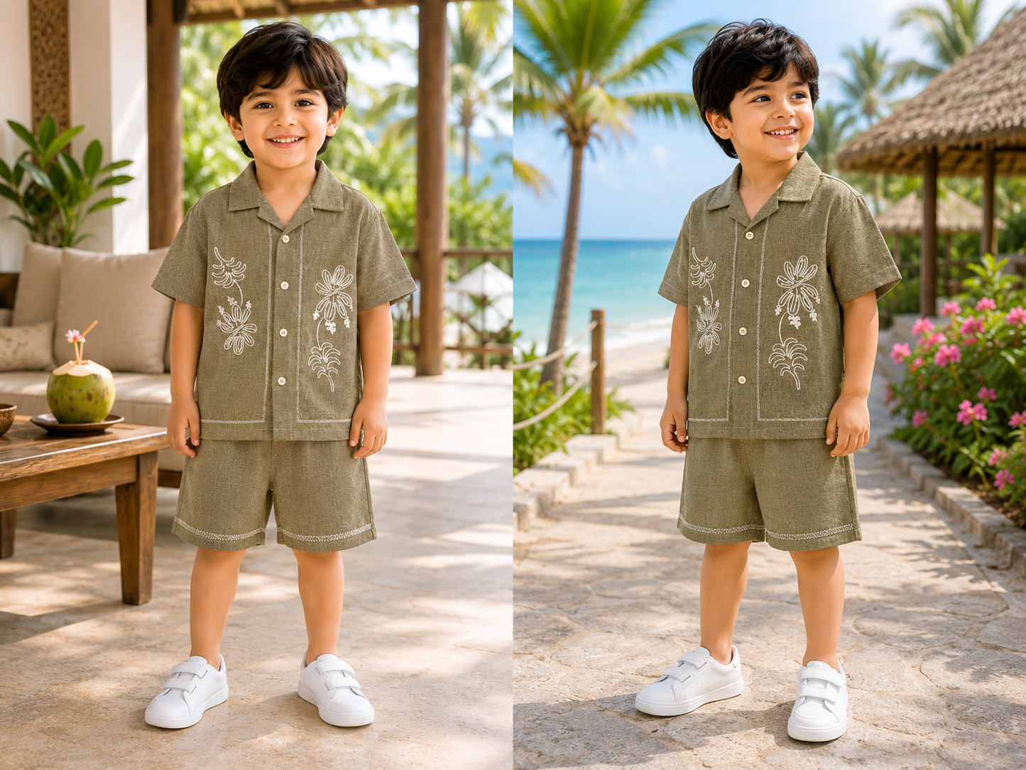 (LB001) - Linen Blend Embroidered Co- Ord Set  (Olive Inverted Floral )