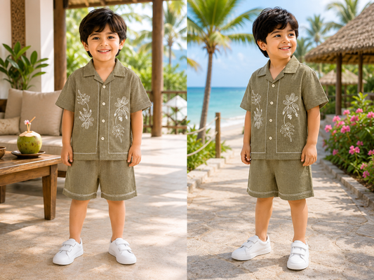 (LB001) - Linen Blend Embroidered Co- Ord Set  (Olive Inverted Floral )