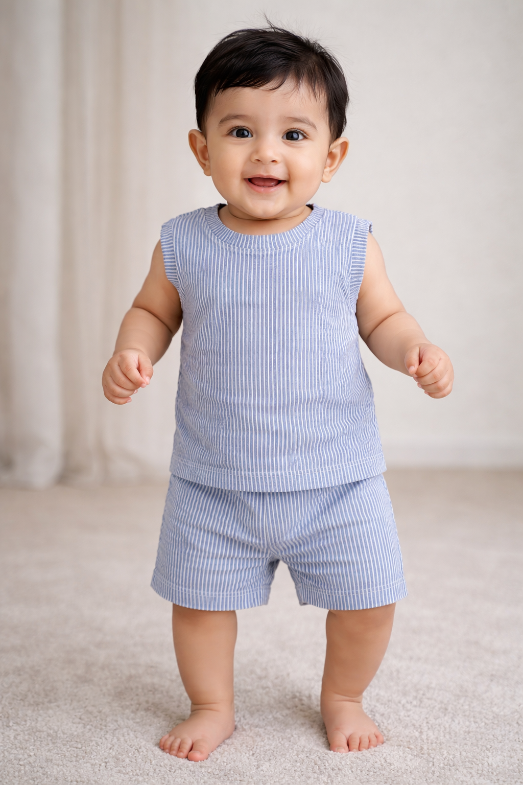 Infant Cotton Sleeveless Co-ord Set | Baby T-shirt & Shorts Set (Blue stripes)