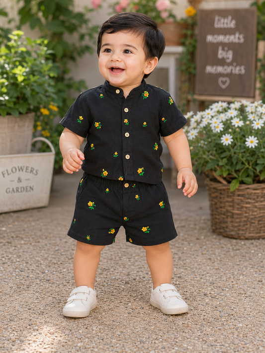 Airport - Kids Muslin Co-ord Set – Front Open Collar Shirt & Shorts ( Black Small Flowers)