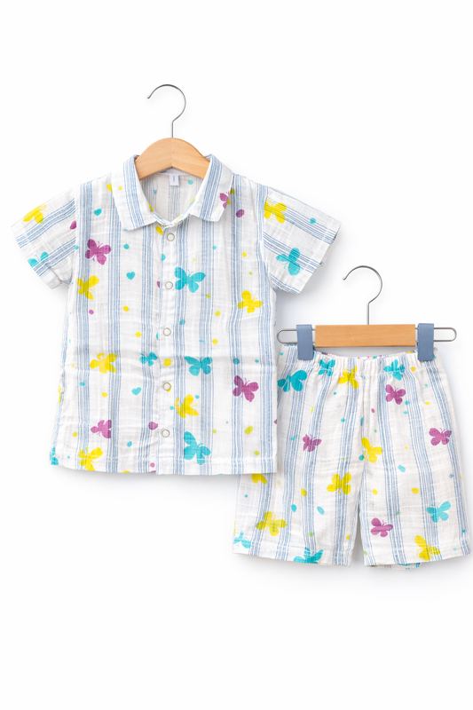 Airport - Kids Muslin Co-ord Set – Front Open Collar Shirt & Shorts( Light  Green Stripes Butterfly)