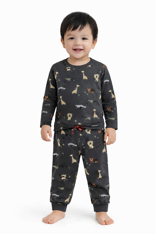 Premium Full sleeves Cotton Tshirt with Pant (Charcoal Animals)