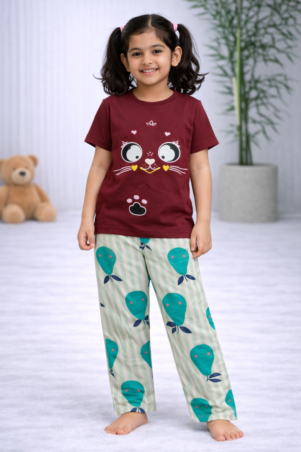 Premium Cotton Contrast Half Sleeves Pajama Set (Maroon -Green Leaf)