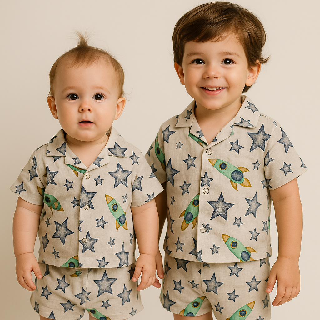 Muslin Front open Tshirt with Shorts Sets (Shiny Star)