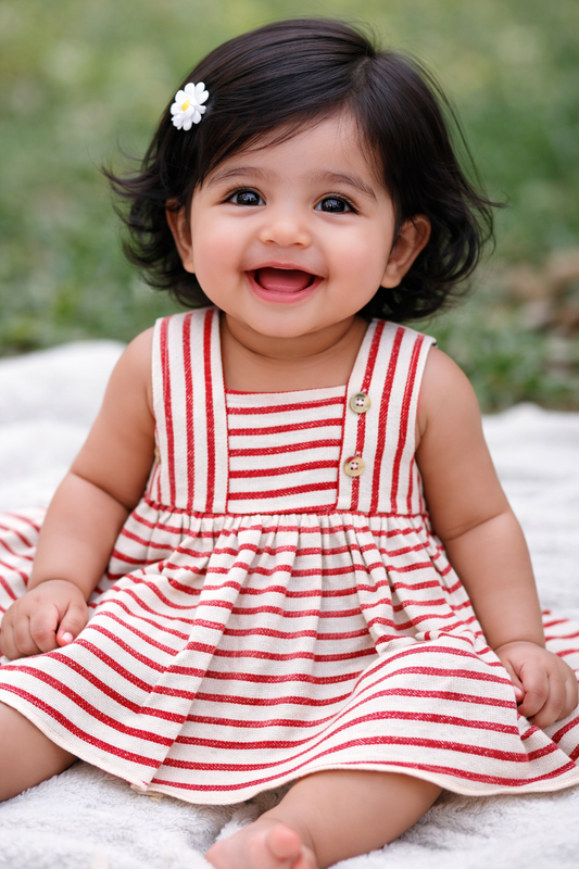 Half Sleeves Frill Frocks with BOW (Red Stripes)