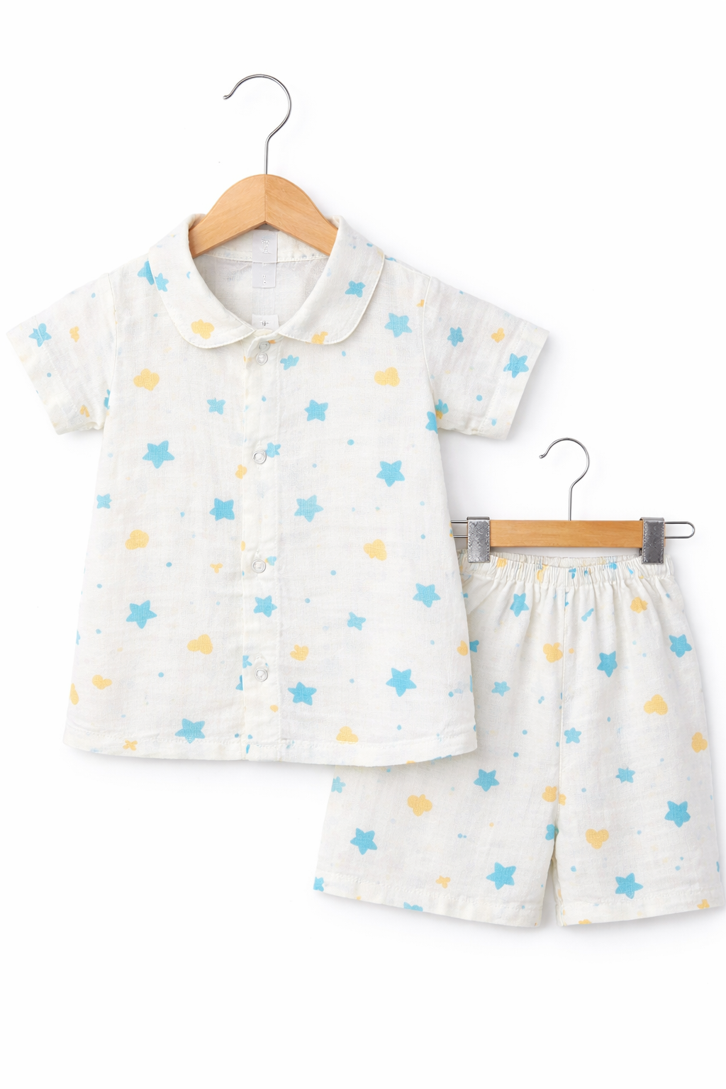 Airport - Kids Muslin Co-ord Set – Front Open Collar Shirt & Shorts (Cute Stars)
