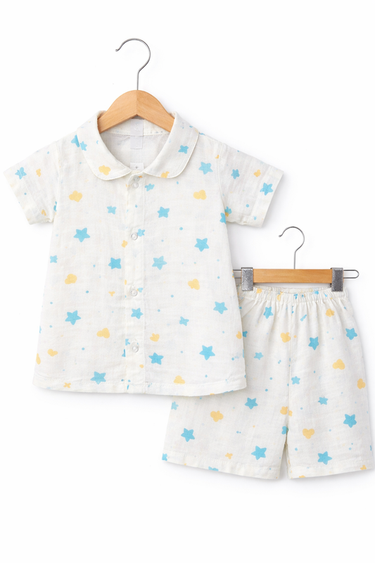 Airport - Kids Muslin Co-ord Set – Front Open Collar Shirt & Shorts (Cute Stars)