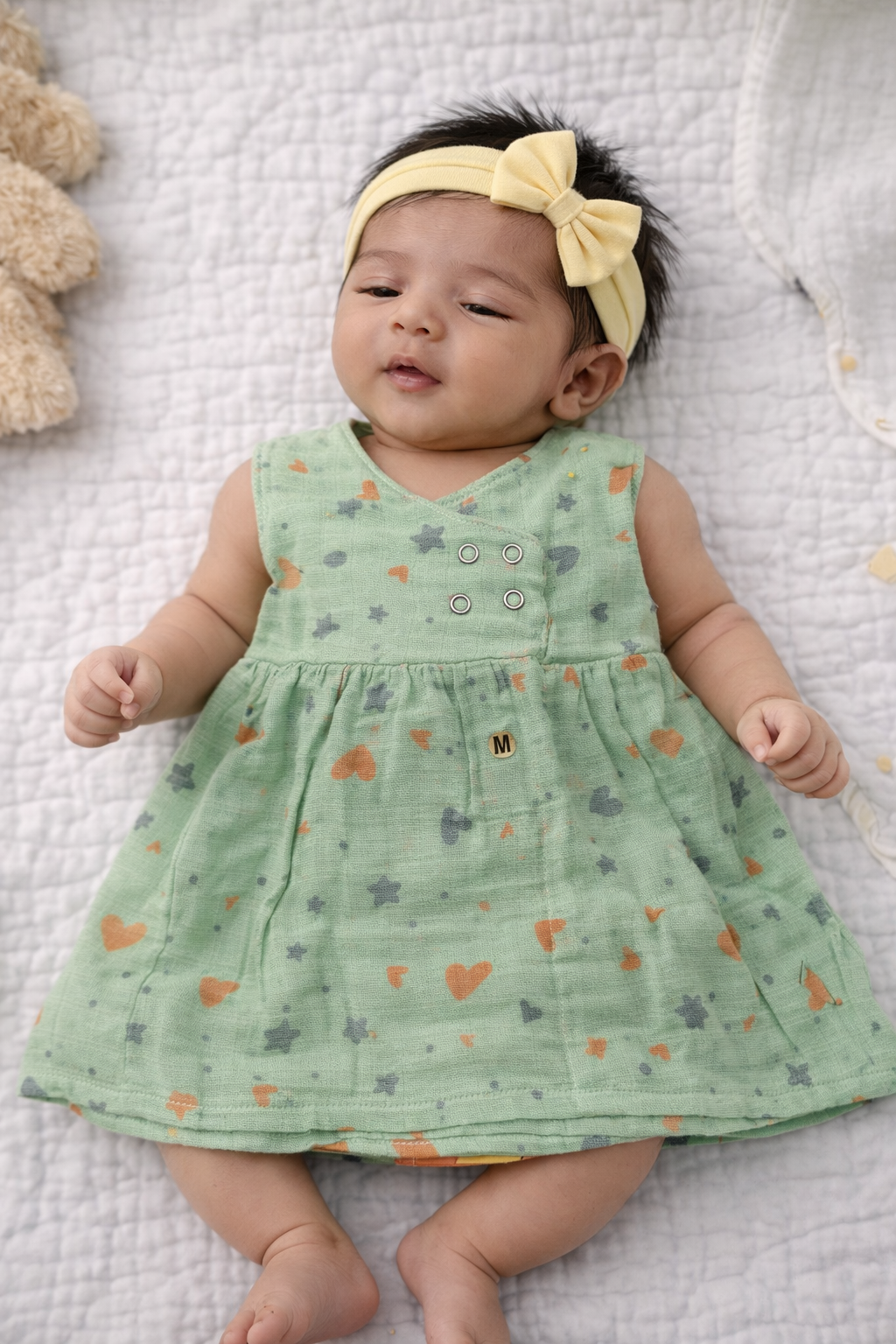 Infant Muslin Frocks (Green Stars and Hearts)