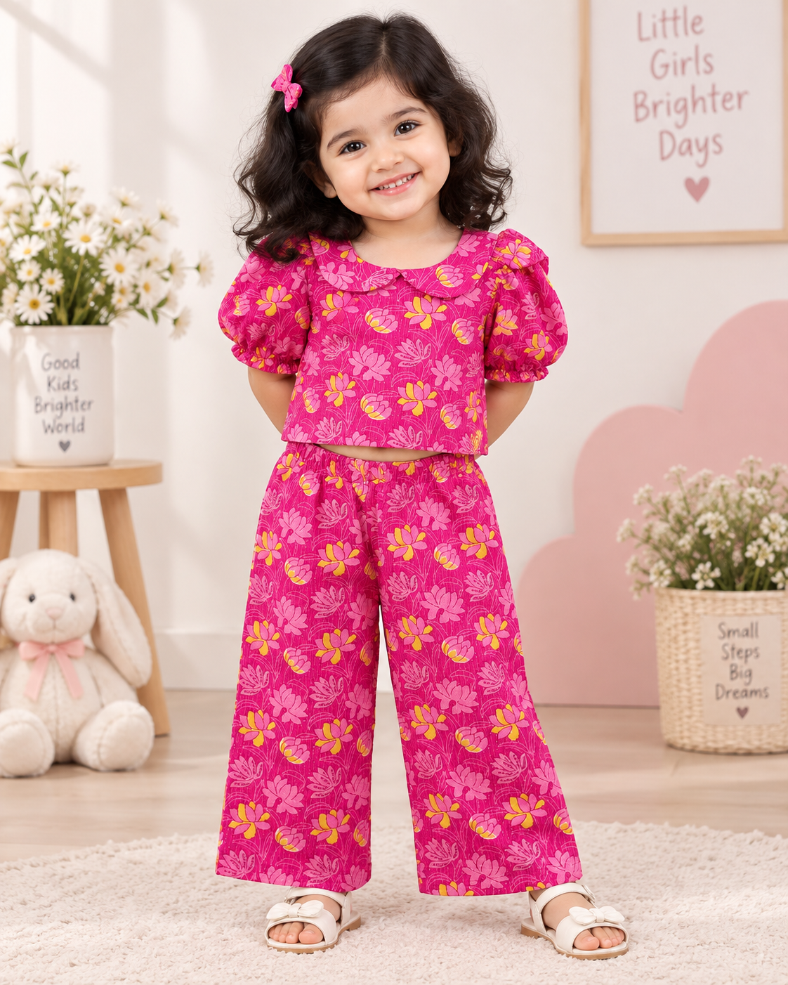 Girls Casual Cotton Printed Peter Pan Collar Top & Pant Co-ord Set (0-11 Yrs) (C054)(Pink Yellow)