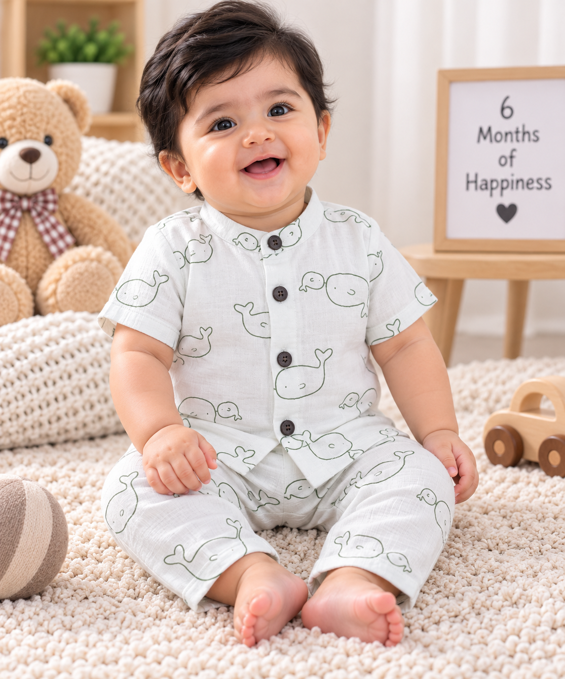 Airport - Kids Muslin Printed Co-ord Set – Chinese Collar Shirt & Pant (Cream Green Fish)