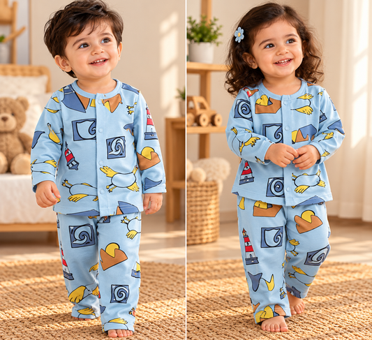 Kid's Front Open Lounge Wear Sets (Blue Yellow Duck )