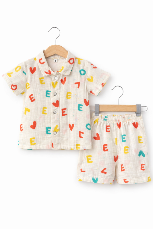 Airport - Kids Muslin Co-ord Set – Front Open Collar Shirt & Shorts (Cream Yellow Orange -Love)