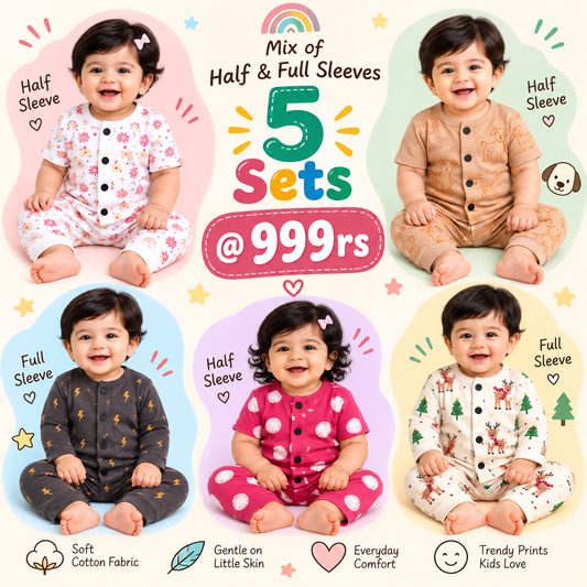 Front Open Sets Combo (Full Sleeves + Half Sleeves)– Pack of 5 @ ₹999 | 0–2 Years