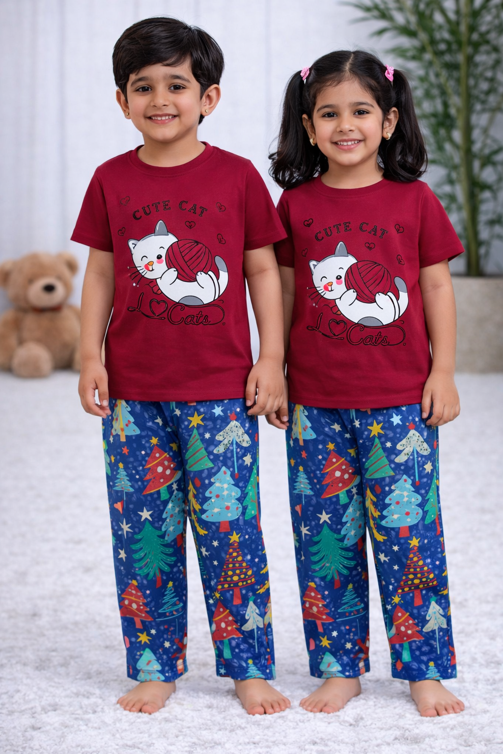 Premium Cotton Contrast Half Sleeves Pajama Set (Red KITTY +STAR)