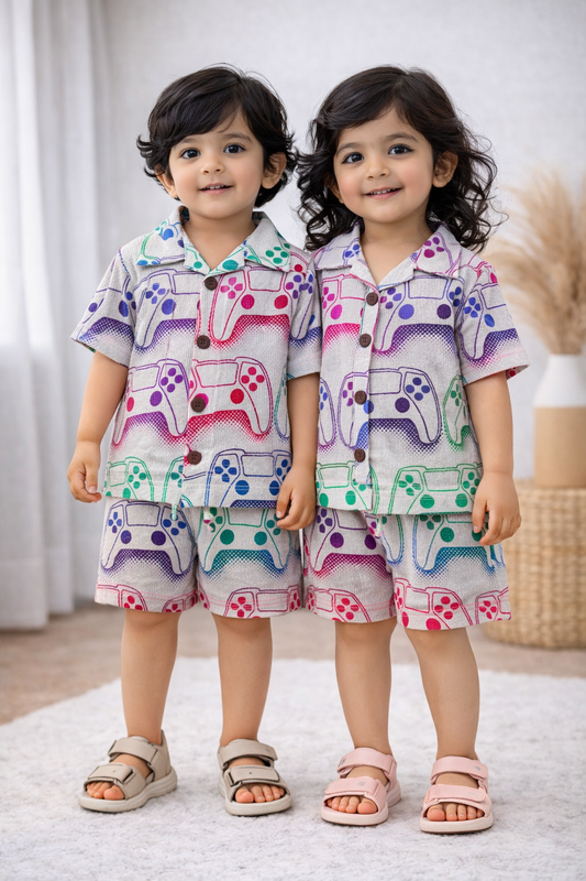 Airport - Crinkled Front open Tshirt with Shorts Sets (Grey Games)